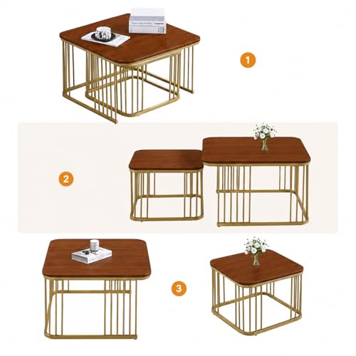 Image of Square Nesting Table Set of 2 for Living Room, Room Decoration Item for Bedroom, Coffee & Side Table with Marble MDF White Top and Iron Base (Black & Brown) (L -51x48CM) (S-41X41CM)