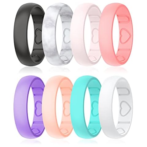 Silicone Ring Women - Heart [I Love U] Pattern Airflow Flow Grooves Breathable Rubber Wedding Bands for Women - 8 Rings / 4 Rings Cover