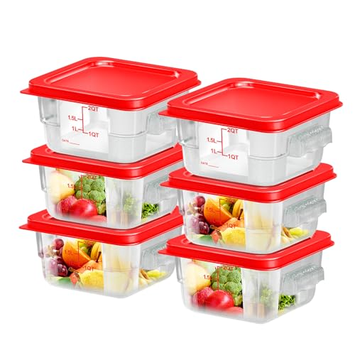 FeyBuosk 6 pcs 2qt Food Storage Containers with Lid, Square Clear Commercial Food Storage Containers with Handle and Scale for Food Storage in Home Kitchen & Dining (Red)