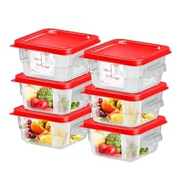 FeyBuosk 6 pcs 2qt Food Storage Containers with Lid, Square Clear Commercial Food Storage Containers with Handle and Scale for Food Storage in Home Kitchen & Dining (Red)