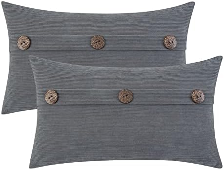 HWY 50 Grey Gray Throw Pillow Covers 12x20 inch for Couch Sofa Bed Living Room, Chenille Soft Solid Decorative Farmhouse Rectangle Throw Pillows Cases Set Cushions Cover with Triple Buttons Pack of 2