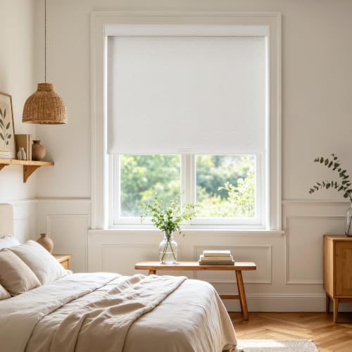 Joydeco Cordless Blackout Roller Shade, Zero-Gap Top, 28" W x 64" H, Cream | Curved Valance, Small Side Seam, Linen-Texture Woven Fabric, 100% Blackout, Thermal, UV Block, Cordless & Free-Stop