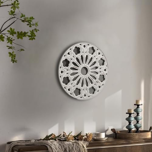 XIAOAIKA Wood Round Decorative Wall Sculpture, Hand-Carved Floral Geometric Design