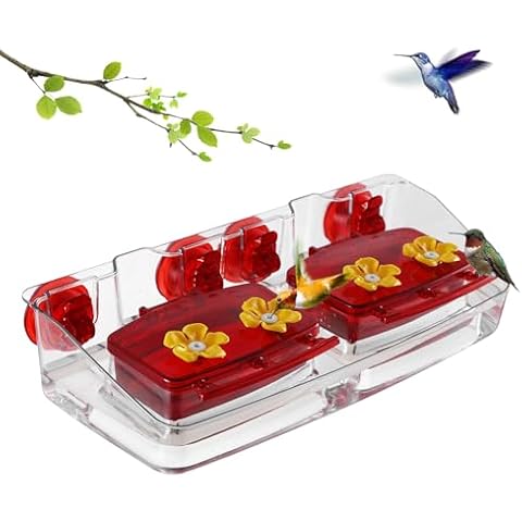 Jealoeur Window Hummingbird Feeder with Strong Suction Cups, 2 Feeding Boxes 16 Oz Capacity 4 Feeding Ports, Perfect Ant Moat for Hummingbird Watching Outside The Window.(Red, 1 Pack) Cover