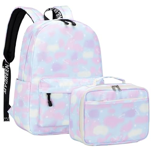 Lohol Rainbow Backpack with Lunch Box for Kids Girls Teens, Lightweight Water Resistant BookBag Set for School Travel (Pink)
