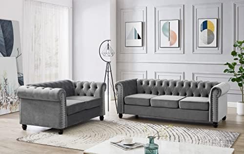 Home Detail Chesterfield Tufted Style Velvet Fabric 2 Seater Sofas & 3 Seater Couches Settee With Studded Arms & Bun Feet Living Room Furniture Sofa Chairs in Grey (3 Seater)