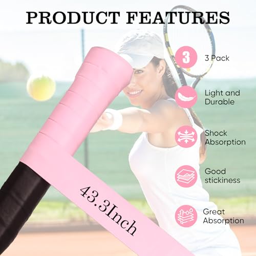 ZVYKTOR Tennis Racket Grip Tape 3 Pack, Ultra-Thin Soft for Tennis Grips Enhanced Tack, Sweat Control & Durability – Premium Racquet Overgrips for Tennis, Badminton & Pickleball (Pink 3P Set) - Thumbnail 3