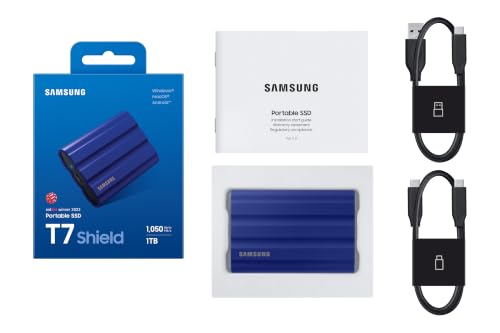 Image of Samsung T7 Shield Portable SSD 1TB, USB 3.2 Gen2 External SSD, Up to 1,050MB /s, Rugged, IP65 Water & Dust Resistant, for Photographers, Content Creators and Gaming, Mac Compatible, MU-PE1T0R, Blue