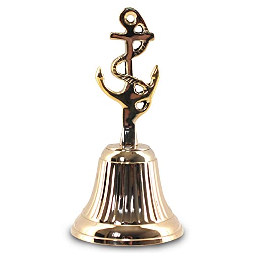 Campana de Mano Decorativa de Latón Ancla. Instrumentos Musicales. Adornos. Decoración Hogar Marinera. Regalos Originales. 7 x 7 x 14 cm