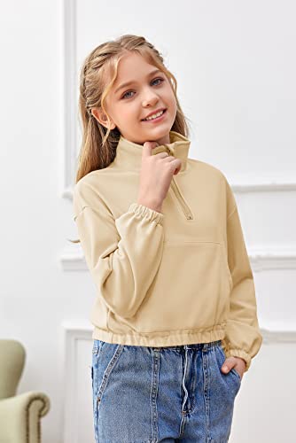 Makkrom Girls Long Sleeve Lapel Half Zip Up Sweatshirt Solid Casual Fall Pullover Tops With Pockets 2Y-12Y Beige #TOP3