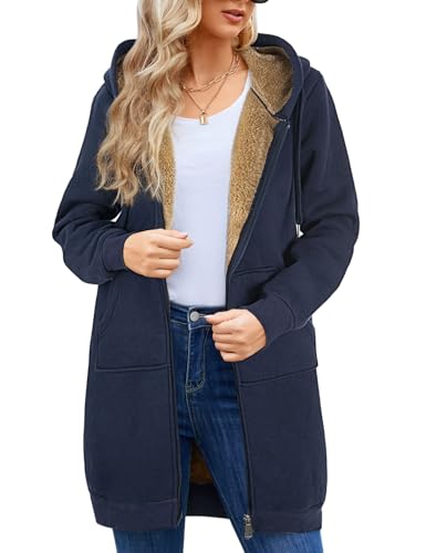 UMIPUBO Women's Zip Up Hoodies Tunic Casual Fleece Jackets Ladies Sweatshirts Fall Long sherpa lined Coats(Navy Blue,S)