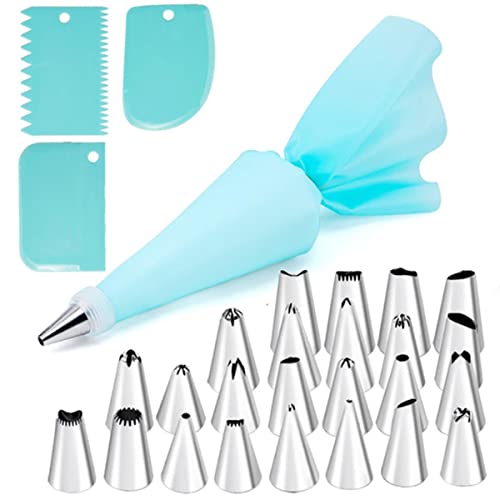 Juego de 26/29 Uds de manga pastelera de silicona, puntas para manga pastelera de cocina, crema pastelera, herramientas de decoración de pasteles, bolsas de pastelería reutilizables-SET2 azul