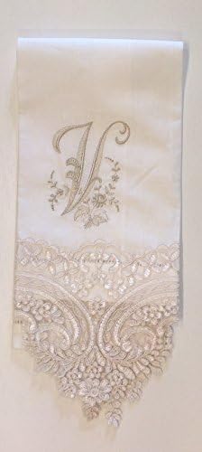 Linen Hand Towels Embroidery with Lace Trim Letter (V)