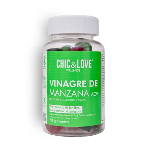 CHIC & LOVE Gominolas de Vinagre de Manzana con Vitamina C y Jengibre | Aptas para Veganos | Sin Gluten y Sin Lactosa | 60 Gummies Sabor Manzana | 1 Mes | Complemento Elaborado en España
