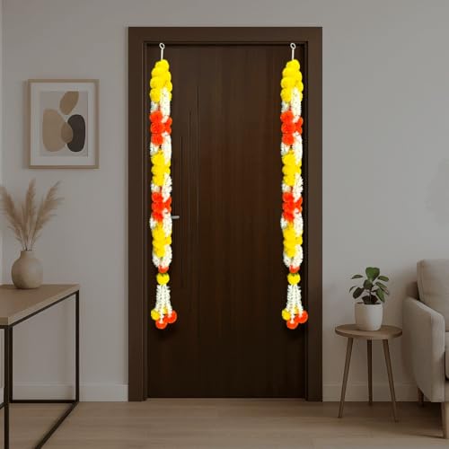 Image of iHandikart Artificial Infinity Shaped Marigold Garland for Home Decor | Pack of 2,52 Inch| Orange-Yellow Floral Garland for House Warming, Festive Decor, Wedding & Entrance Door Decoration itmes.