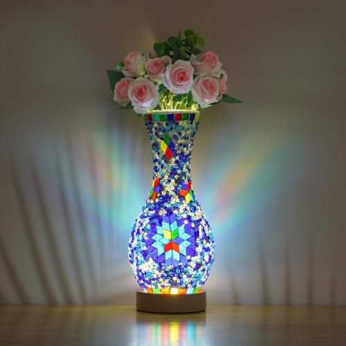 Turkish Moroccan Mosaic Table Lamp with Glass Vase and Wood Base
