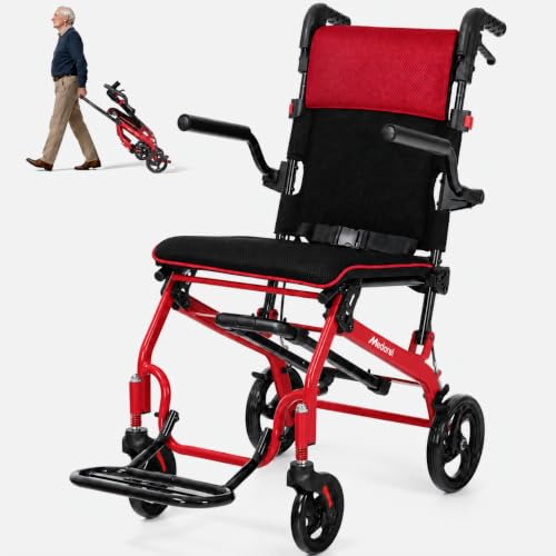 Lightweight Foldable Transport Wheelchair for Seniors (Red)