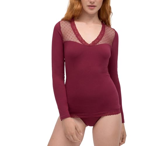 YSABEL MORA Camiseta Manga Larga Algodón Natural. Escote Encaje Tul Plumeti, Comodidad y Elegancia, Prenda Versátil, Interior Y Exterior. Corte Ajustado, Suavidad Adaptabilidad