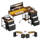 WOLTU Scrivania Angolare 180x80x84 cm con 5 Cassetti e 2 Ripiani, Scrivania per Computer a L con LED, 2 Prese, 1 Porta USB e 1 Porta Type-C, per Ufficio, Gioco, Studio, Marrone Rustico