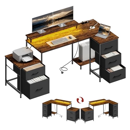 WOLTU Escritorio en L, Escritorio Esquinero 5 Cajones, 2 Enchufes 1 Puerto USB 1 Puerto Tipo C, Mesa Ordenador Reversible con Luz LED, para Gaming Estudio Oficina, 180x80x84 cm, Marrón Rústico