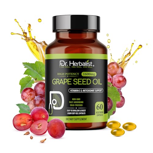 Dr. HERBALIST Grape Seed Oil Capsules 1600mg - Cold Pressed Vitis Vinifera with OPC Proanthocyanidins - Supports Antioxidant Wellness & Cardiovascular Health* - Halal - 60ct