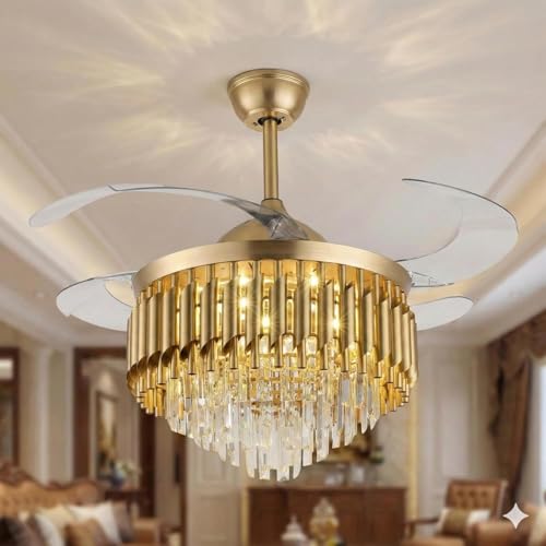 Image of 42 inch Crystal Ceiling Fan Gold Chandelier with Remote | Retractable Blades | LED Light (3 Color Modes) | Modern Luxury Fan Light for Living Room & Dining Fan Chandelier