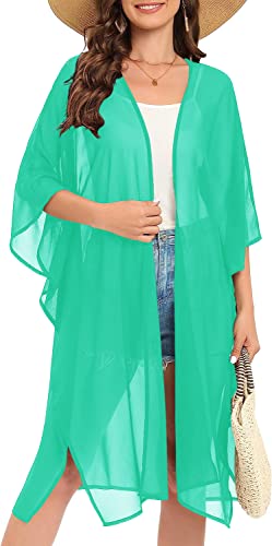 Image of Indian Trendy Women's Solid Puff Sleeve Kimono Long Cardigan Loose Cover Up Casual Blouse Top Chiffon