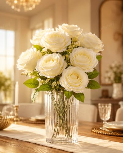 Image of Divyakosh Artificial Flowers Bunch (Vase Not Included). Artificial Flower for Vase, Flower Bouquet Gift, 9 White Rose Bouquet, Luxury Artificial Flower Arrangement for Living Room, Office