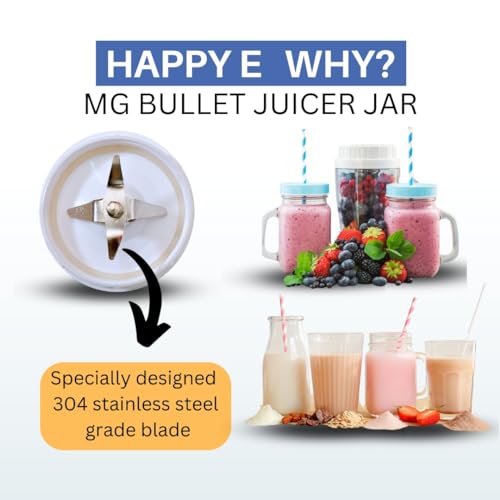 Image of HAPPY E Premium Bullet Mixer Grinder Jar, 300ml BPA-Free Polycarbonate Jar with SS 304 Cross Blade, 2-Lock System & 4-Teeth Coupler for Grinding, Blending & Mixing