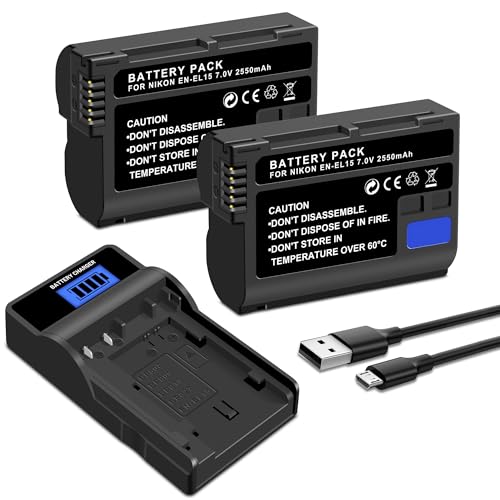 SUGUBU 2-Pack EN-EL15 Battery (2550mAh) and Rapid Charger Compatible with Nikon D500 D600 D610 D750 D780 D800 D800E D810 D810A D850 D7000 D7100 D7200 D7500 1 V1 Z5 Z6 Z6II Z7 Z7II