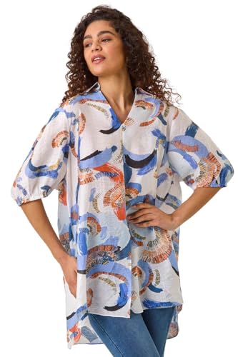 Image of Roman Originals Floral Print Longline Overshirt for Women UK - Ladies Everyday Autumn Winter V-Neckline Comfy Soft Evening Vacation Work Party Night Out - Blue - Size 14