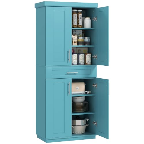 HOMCOM 72' Kitchen Pantry Cabinet, Freestanding Tall Storage Cabinet with 4 Doors, Drawer and 3 Adjustable Shelves for Dining Room, Turquoise