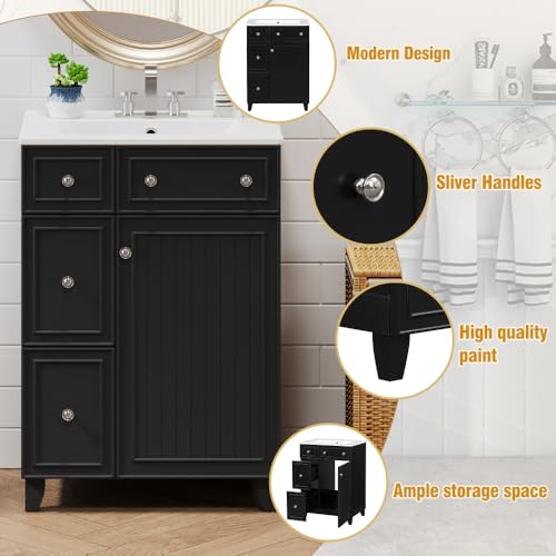 Image of 24 Inch Bathroom Vanity with Ceramic Sink, Freestanding Vanity Cabinet with 2 Drawers and 1 Door (Black)
