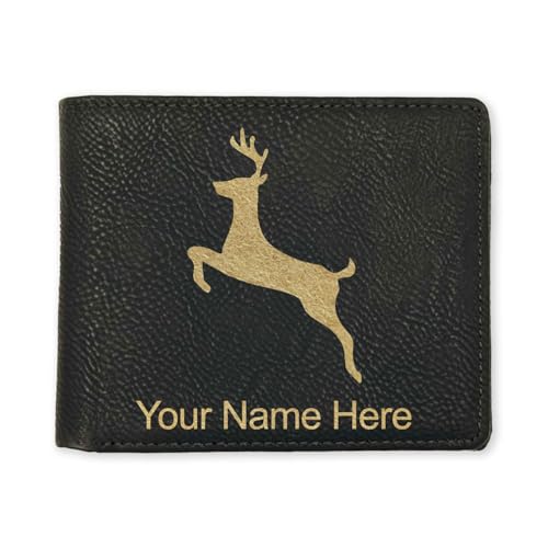 LaserGram Faux Leather Bi-Fold Wallet, Deer, Personalized Engraving Included (Black with Gold)
