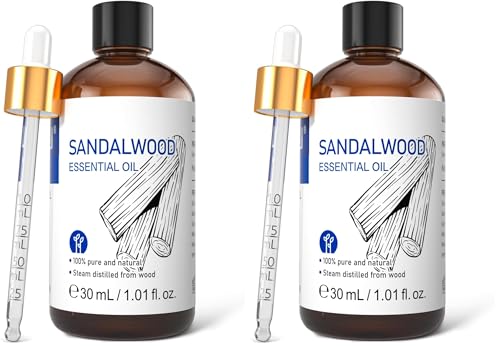 Image of HIQILI Sandalwood Essential Oils 1 Fl Oz, 100% Pure Natural Therapeutic Grade for Skin, Diffuser, Perfume, Candle Soap Making, Includes Premium Quality Glass Dropper (Pack of 2)