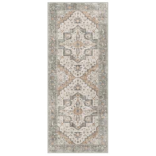 2X10 Area Rugs Machine Washable Runner Rugs for Living Room, Vintage Boho Rugs for Bedroom Dining Room, Non Slip Indoor Soft Distressed Lightweight Thin Low Pile Carpet, Taupe