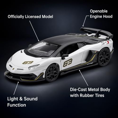 Image of Wizplex CCA Lamborghini Aventador SVJ 63 1:32 Officially Licensed Premium Die Cast Car with Display Stand - Pull Back, Light & Sound, Openable Doors & Rear Cover, Supercar Showpiece 3+
