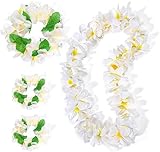 Juego de 4 Collares Hawaianos, con Collar de Flores Hawaianas, Pulsera, Diadema, Decoración Hawaiana, Accesorios para Hawaianas, para Fiestas Tropicales, Playa, Carnaval, Cumpleaños, Blanco
