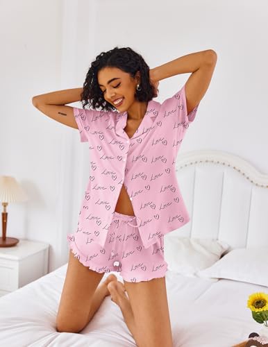 Image of Ekouaer Pajamas Set for Women Short Sleeve Sleepwear Button Down Pjs Lounge Sets Soft Nightwear