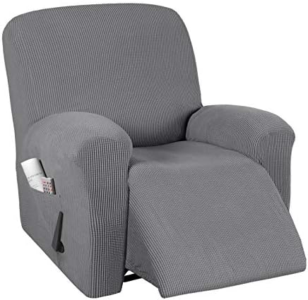Stretch Recliner Chair Cover Recliner Slipcover 1 Piece Furniture Protector with Elastic Bottom Chair Slipcover with Side Pocket Thick Soft Small Checked Jacquard Chair Cover, Grey