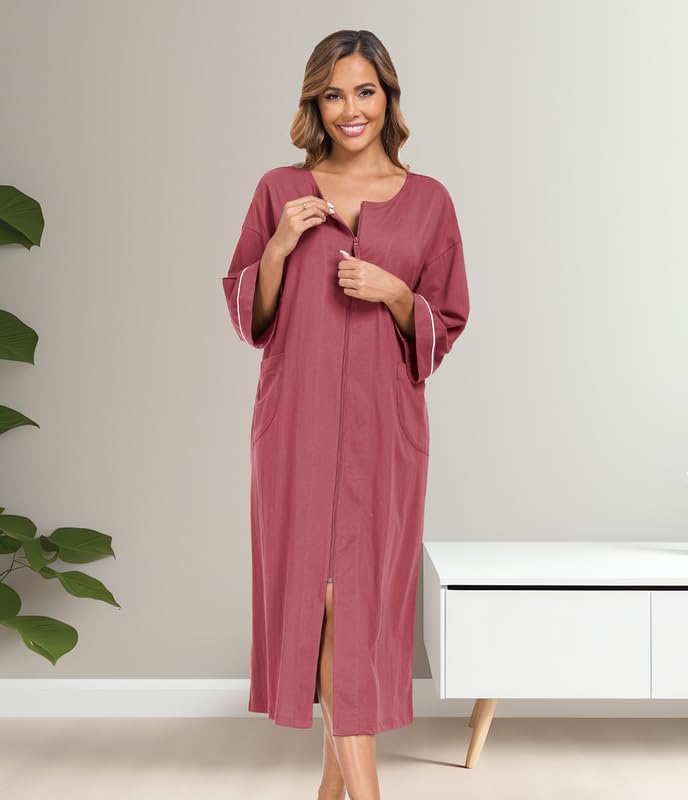 CF Women's 100% Cotton Zipper Robes 3/4 Sleeve House Coat Zip Up Housecoat Warm Full Length Loungewear with Pockets - Image 5