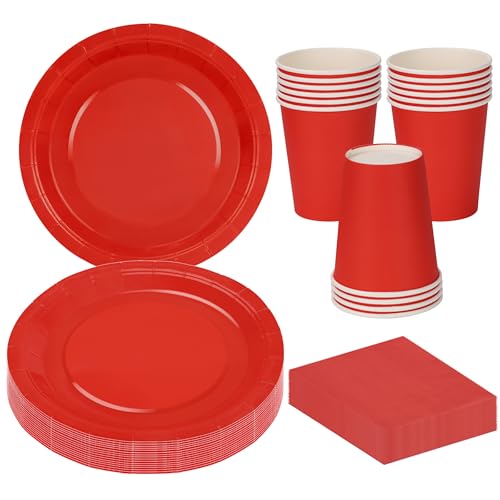 MestectPET Vaisselle de Fête Rouge 56 Pièces, Assiettes Gobelets et Serviettes en Papier pour 16 Invités, Ensemble de Vaisselle pour Anniversaire Mariage...