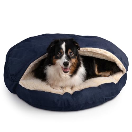 Image of Snoozer Cozy Cave Dog Bed, Round Covered Dog Bed, Navy (L)