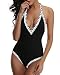 Tempt Me Women One Piece Deep Plunge Contrast Edged Getaway Halter Monokini Swimsuits Black XL