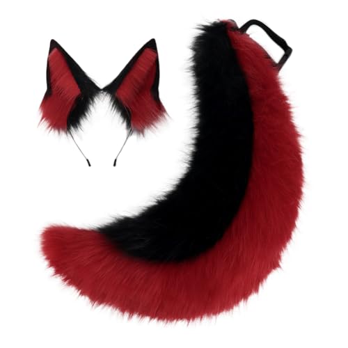 QinRuan Faux Fur Wolf Ears Headband Furry Dog Tail Set Animal Coustume Cospaly Halloween Party