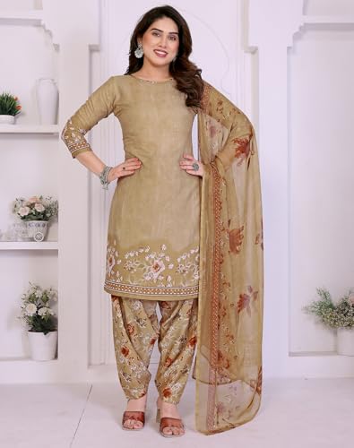 Image of Yashika Women's Printed Dress Material - Unstitched Crepe Fabric Kurti, Pants & Dupatta Set
