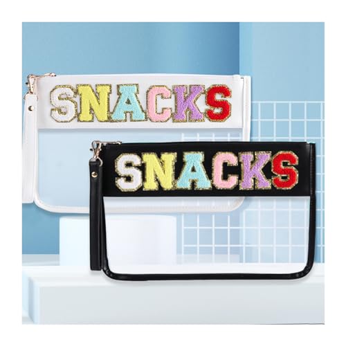 Snack Bags Clear Travel Pouch Makeup Bag Chenille Letter BagsWith Zipper,2PCS Cosmetic Bag for Women Girls,with Glitter Patch Letters(Black and white)
