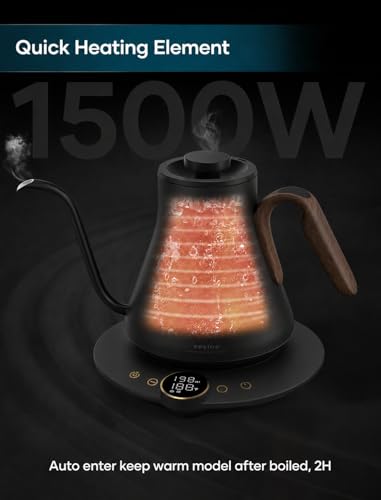 Image of INTASTING Gooseneck Electric Kettle with ±1℉ Temperature Control for Pour Over Coffee & Tea, Quick Heating, BPA-Free Stainless Steel, Built-in Brew Timer, 1500W /0.9L (Black Walnut)