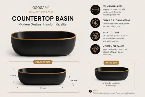 Image of OSOSAM Premium Designer Table Top Ceramic Wash Basin /Vessel Sink with Slim Rim for Bathroom (18 x 13 x 5.5 Inch) (Matte Black)