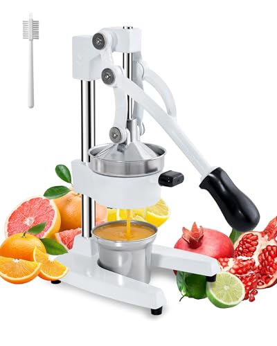 ZOZOE Cast Iron Juicer, Heavy Duty Manual Citrus Press with Stainless Steel Cup, Lemon Orange Squeezer, Professional Hand Press Juicer for Pomegranate, Grapefruit, Easy to Clean, White